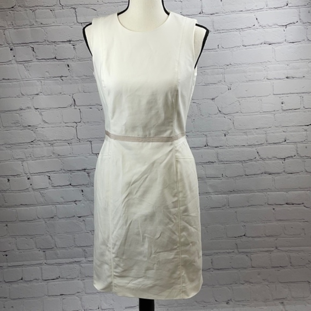 UEC Calvin Klein white sheath dress gray pink detail 2